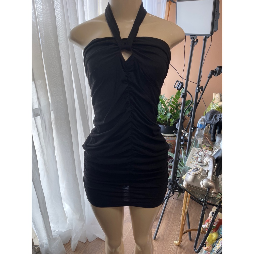 SHEIN Black Ruched Halter Bodycon Mini Dress Keyhole Neck Size Medium